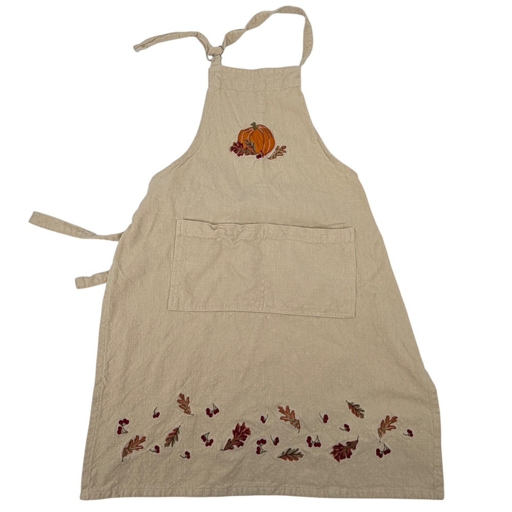 Sur La Table Tan Cotton Fall Apron Pumpkin Leaves Embroidery 26x34 Thanksgiving